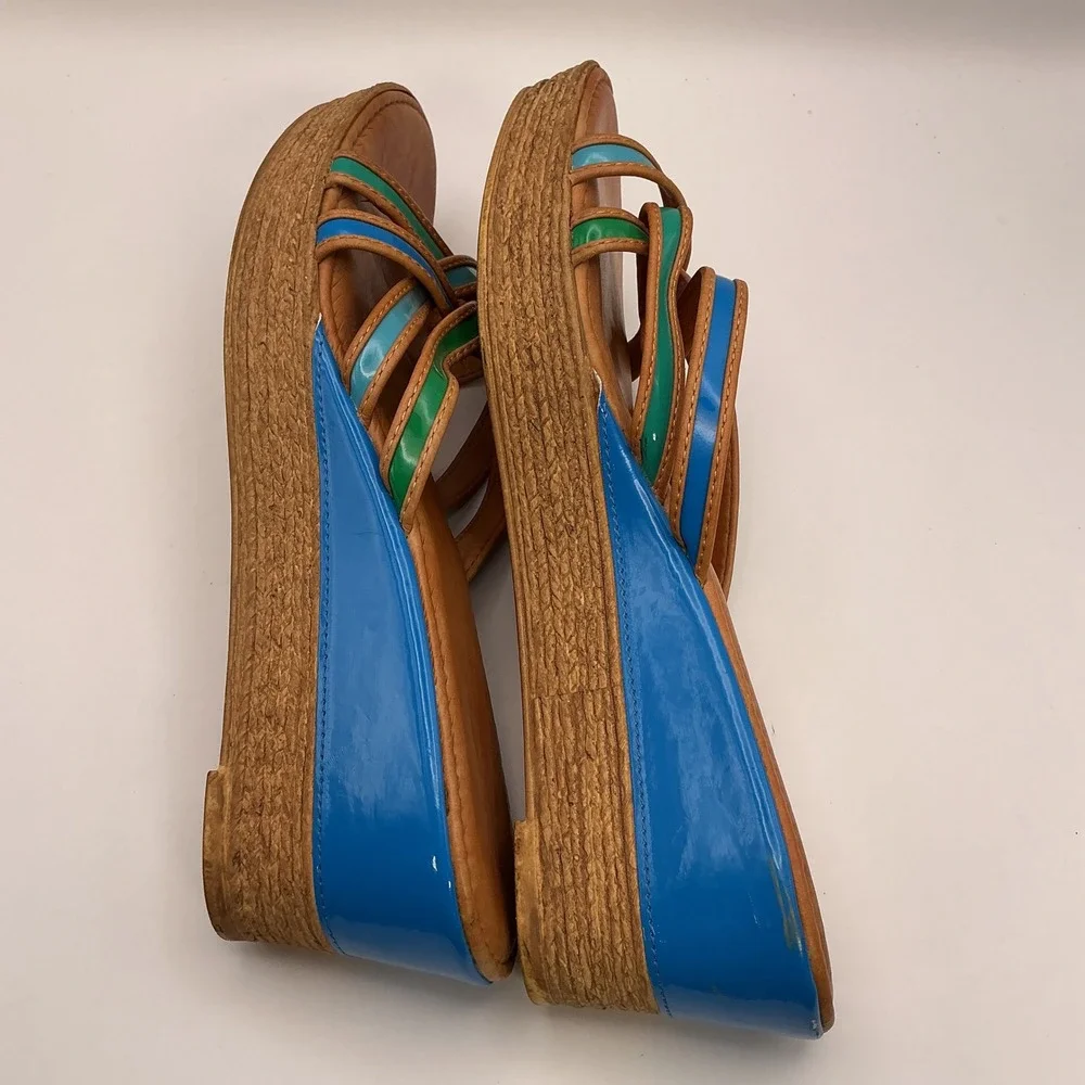 Italian Shoemakers Womens 10 Wedge Sandals Blue Green Tan Multi Strap Made Italy